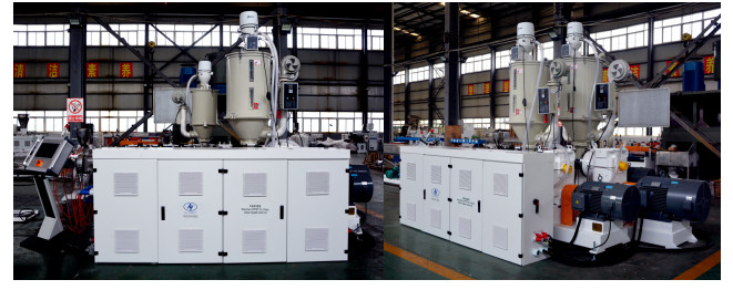 20-32mm PP double pipe line dengan 3 lapisan & 3 warna oleh single screw extruder SJ90-30 & SJ55-33 & SJ45-30